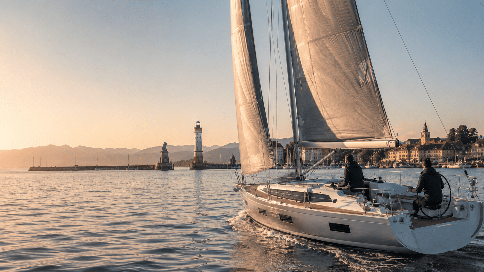 segelyacht auf dem bodensee bei sonnenuntergang mit leuchtturm im hintergrund