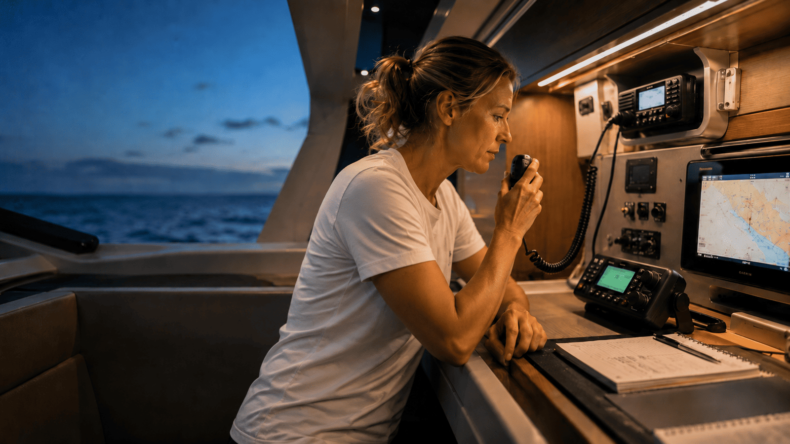 Skipperin im weißen Oberteil an der Seefunkanlage im Cockpit einer Yacht