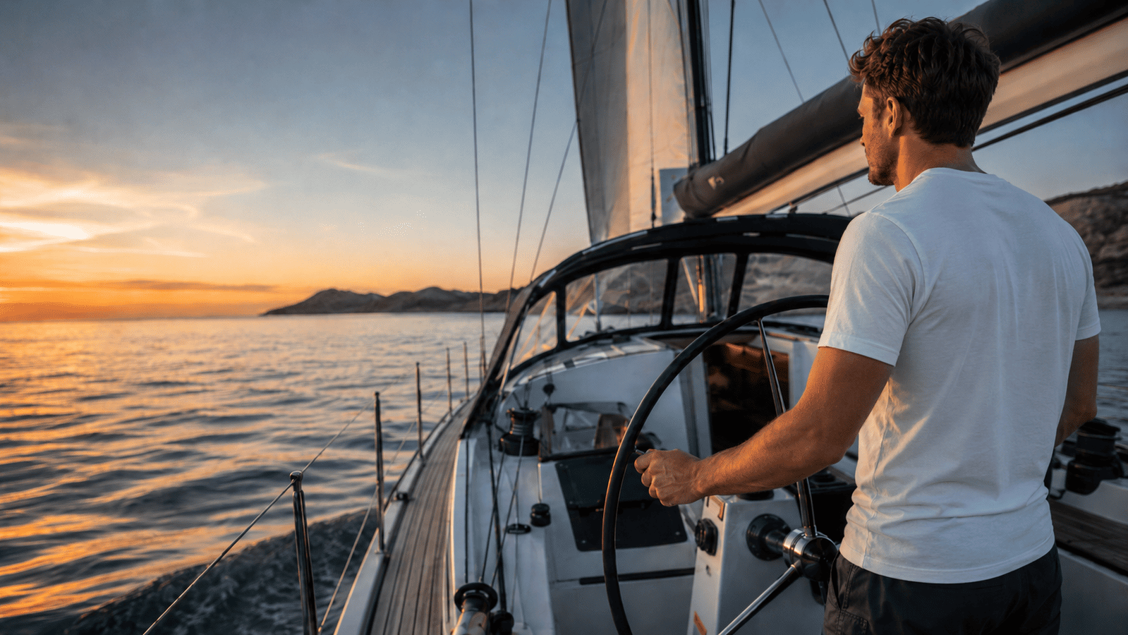 segler auf segelyacht auf dem meer vor der küste bei sonnenuntergang