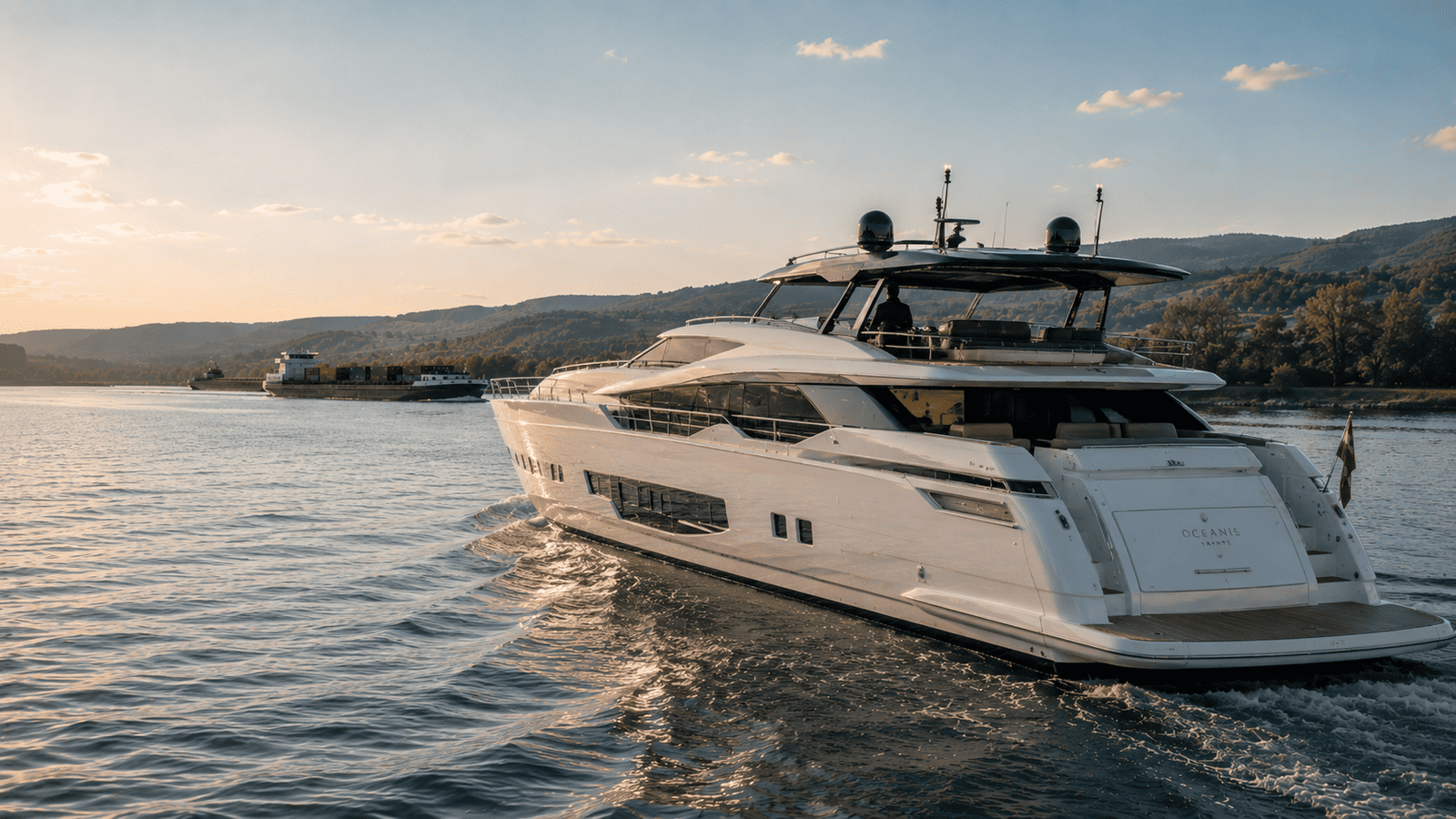 Luxusyacht auf einer Binnenwasserstraße in Ufernähe bei Sonnenuntergang