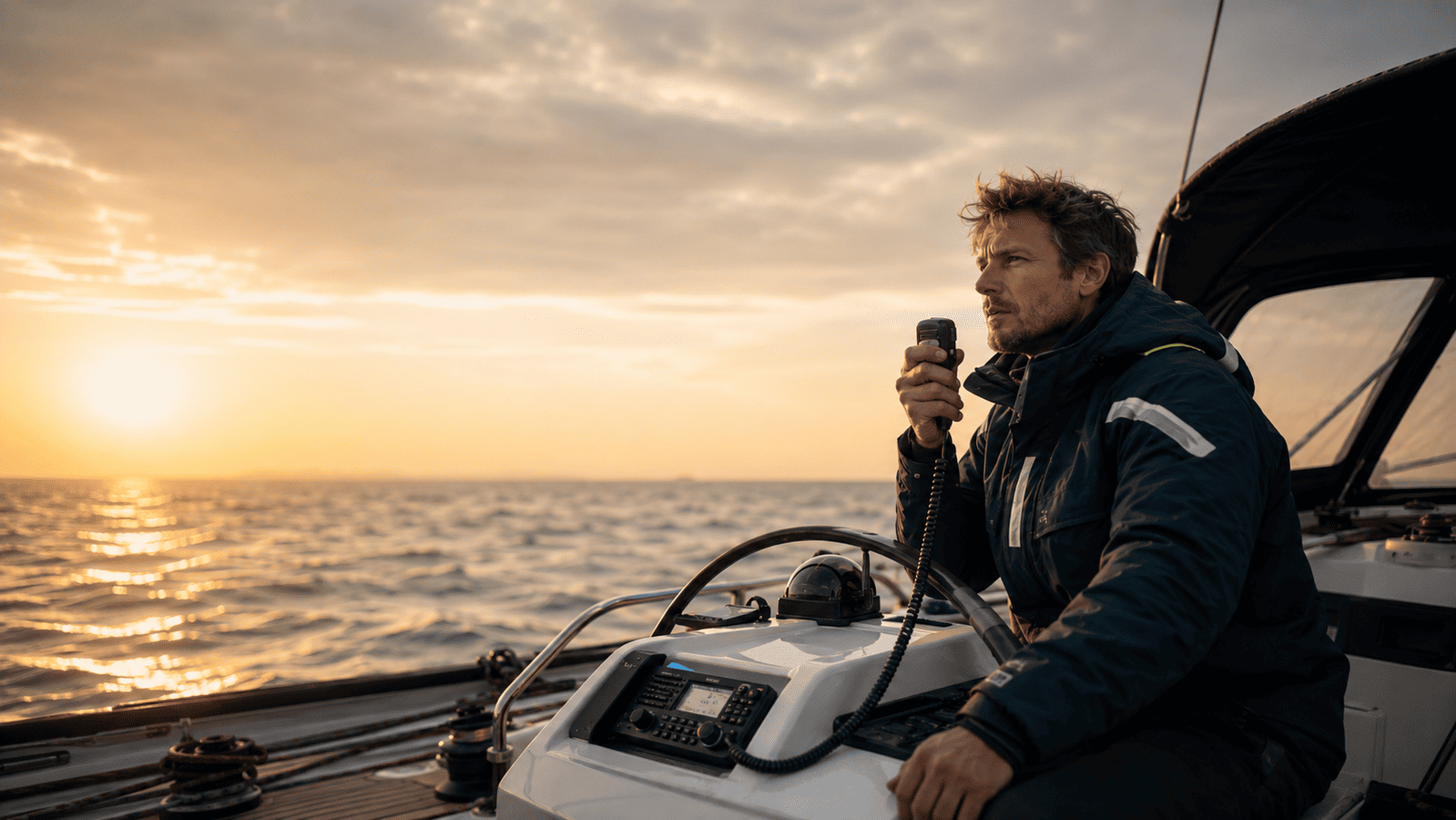 Hand bedient ein UKW-Seefunkgerät im Cockpit einer Segelyacht.