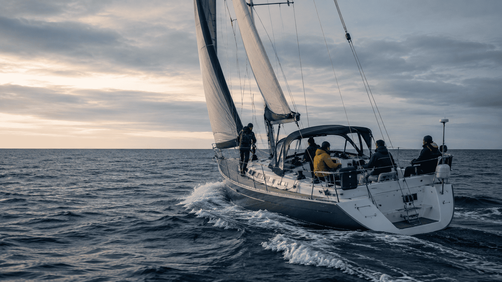 Segelyacht mit Crew auf offenem Meer segelnd