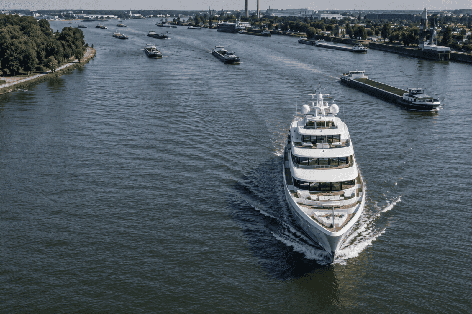 Große Luxusyacht auf dem Rhein mit Berufsschifffahrt im Hintergrund