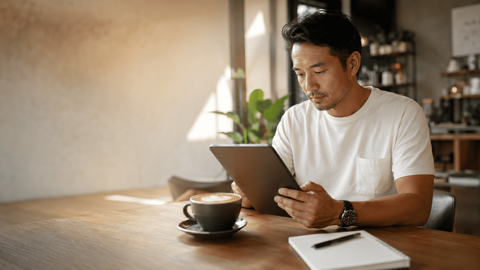 Mann mittleren Alters sitzt im Cafe am Tisch mit seinem iPad und lernt für die SKS-Pürfung