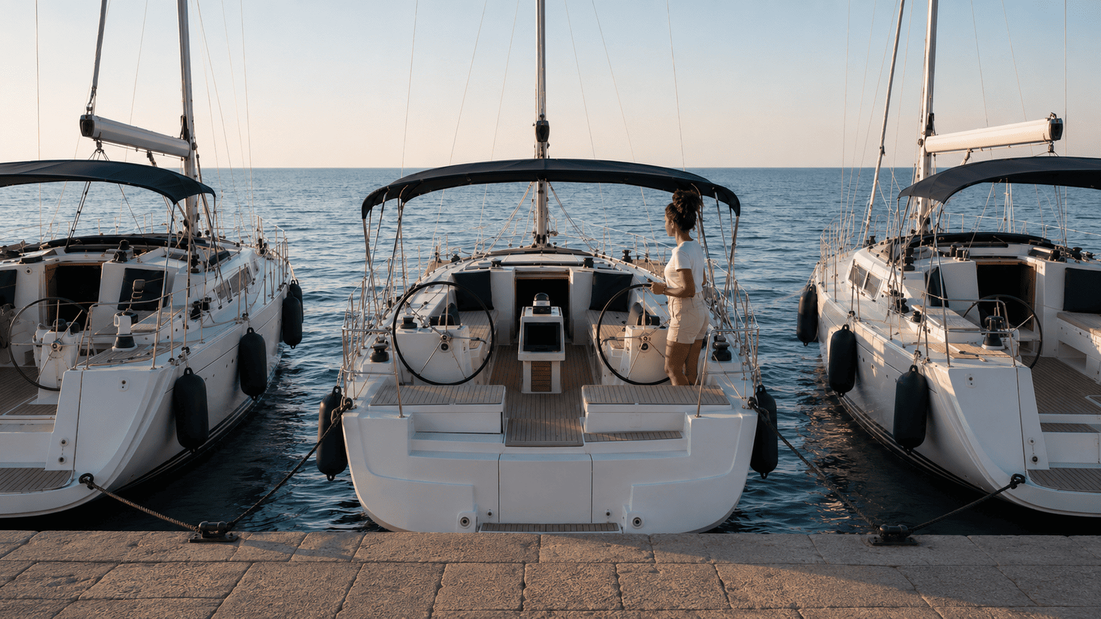 Frau auf Segelyacht rueckwaerts am Steg mit Blick auf Kueste